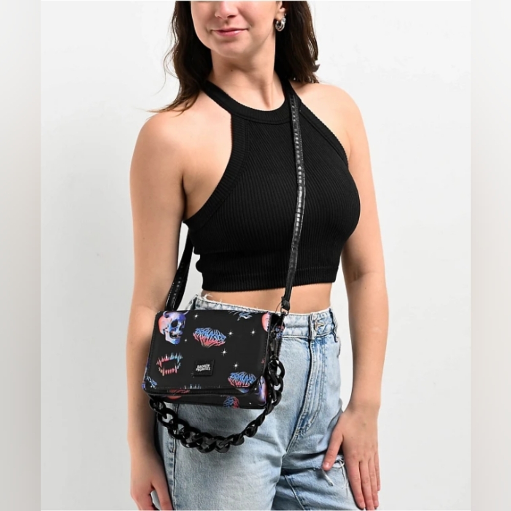 Broken Promises Stylish Black Crossbody Bag Skull Space Design Adjustable